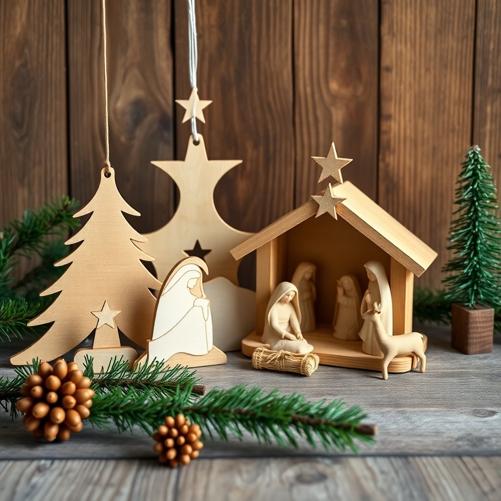 Professional product photography of handmade wooden Christmas ornaments and a traditional nativity scene (betlém), rustic wooden background, premium look.