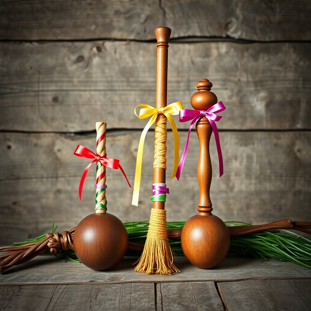 Professional product photography of traditional Czech Easter whips (pomlázky) and wooden rattles (řehtadla), decorated with colorful ribbons, rustic background.