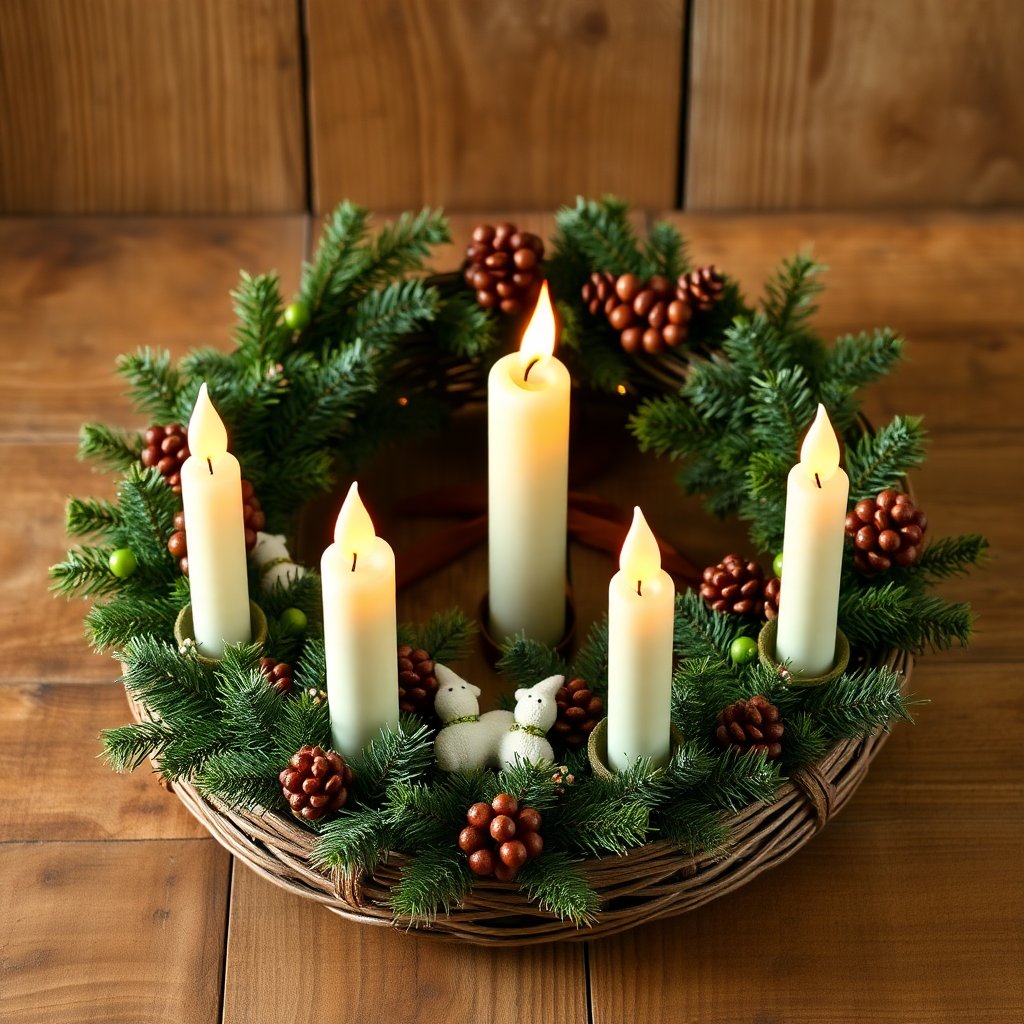 Professional product photography of a handmade traditional Advent wreath with candles and forest decorations, rustic wooden background, warm lighting, premium look.